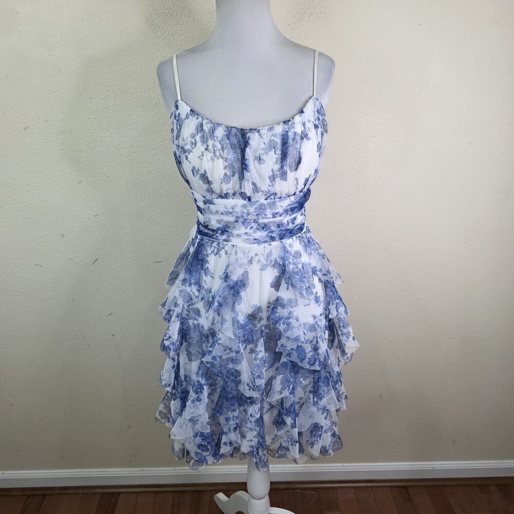 Radiante Couture Women's Mesh Ruffle Blue White Floral Party Formal Dress Sz 12